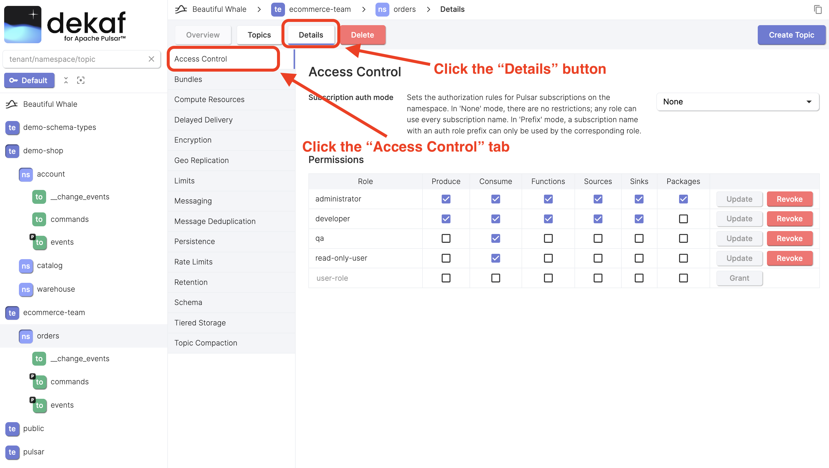 manage  pulsar namespace access