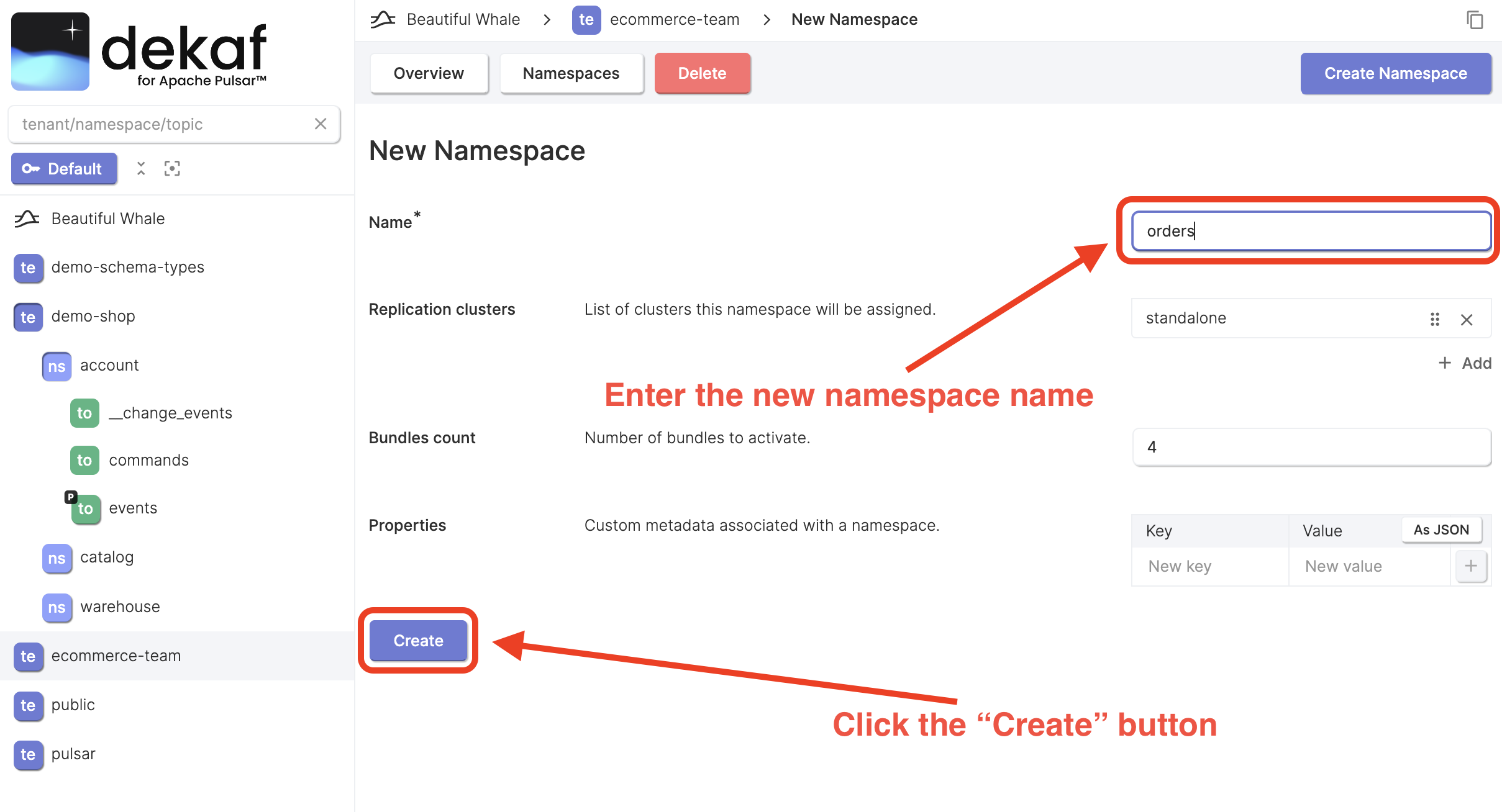 create pulsar namespace dialog