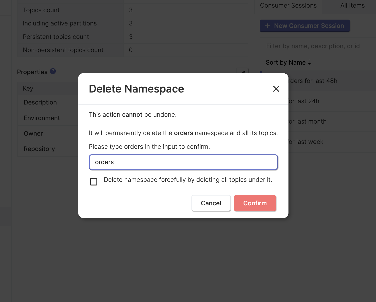 delete pulsar namespace dialog