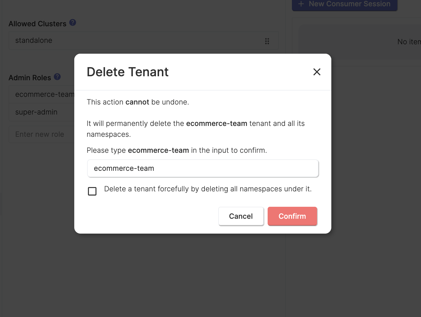 delete pulsar tenant dialog