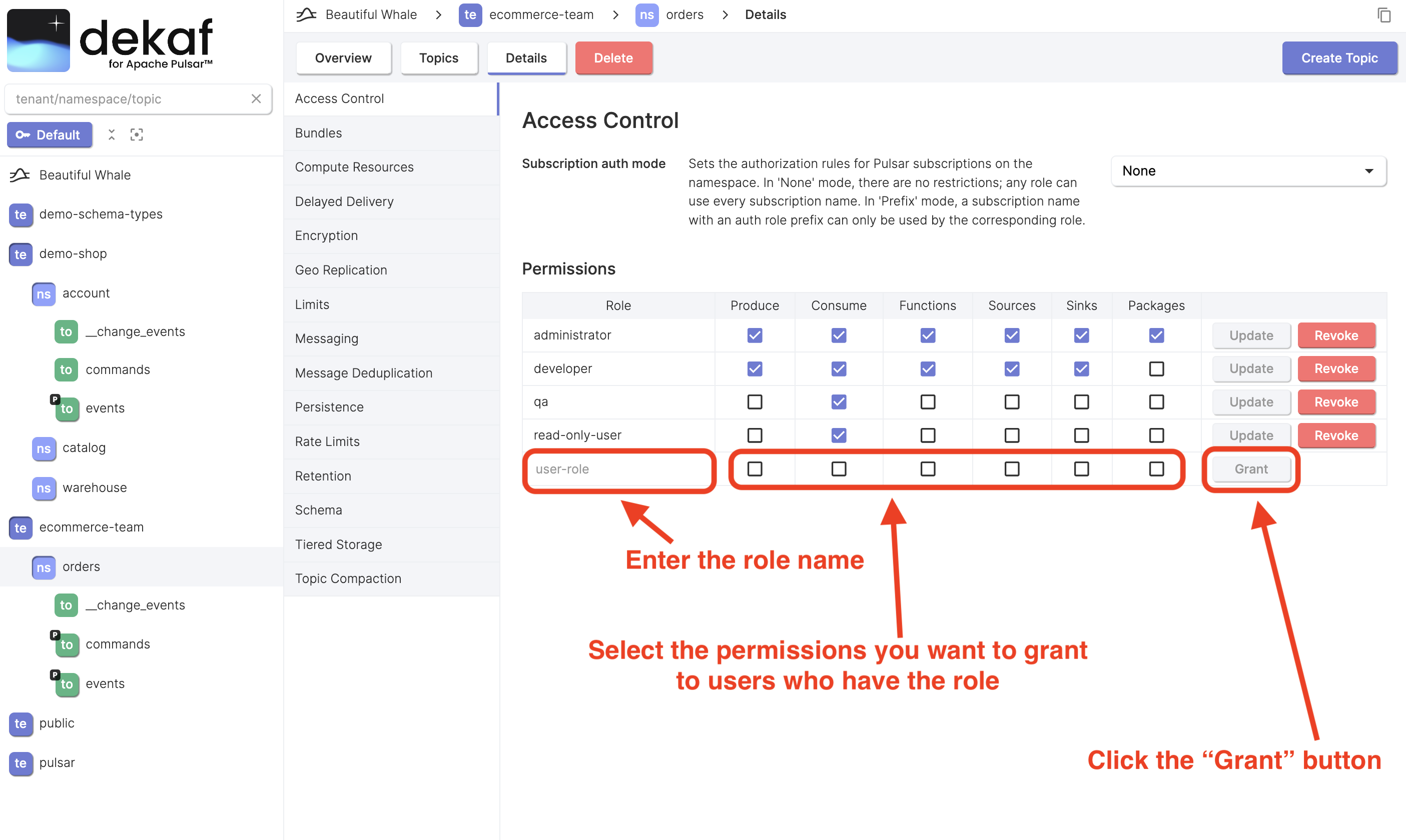 grant pulsar namespace permissions