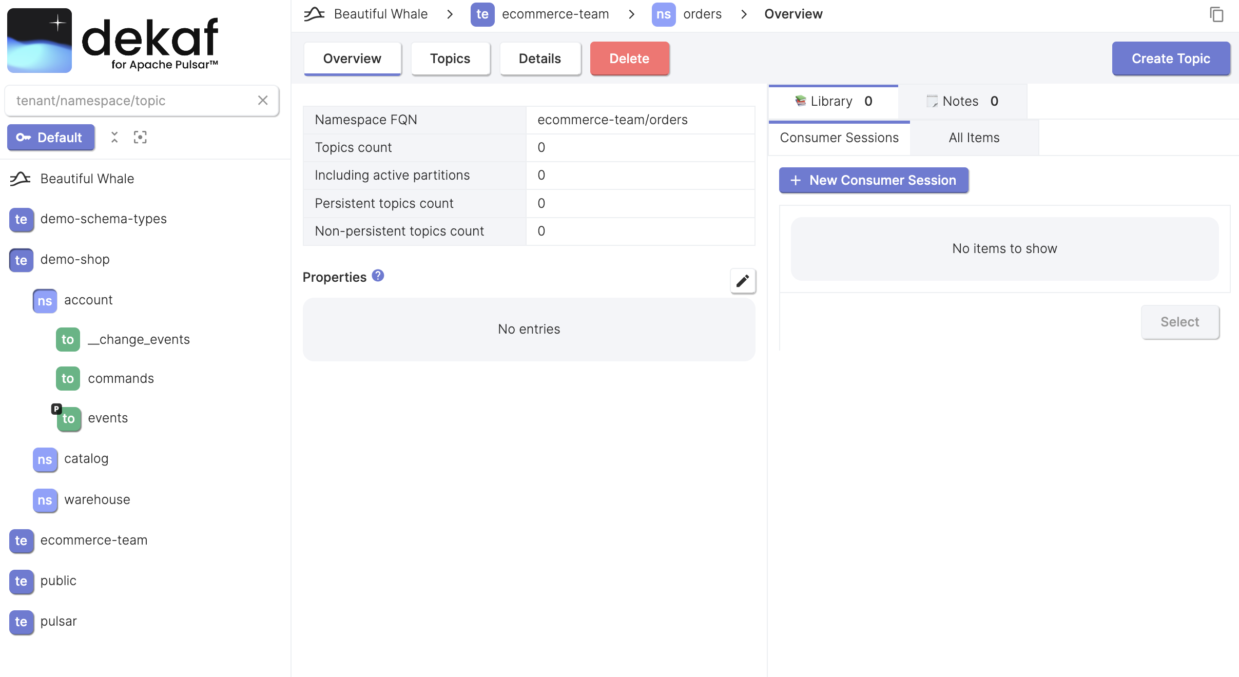 pulsar namespace overview page