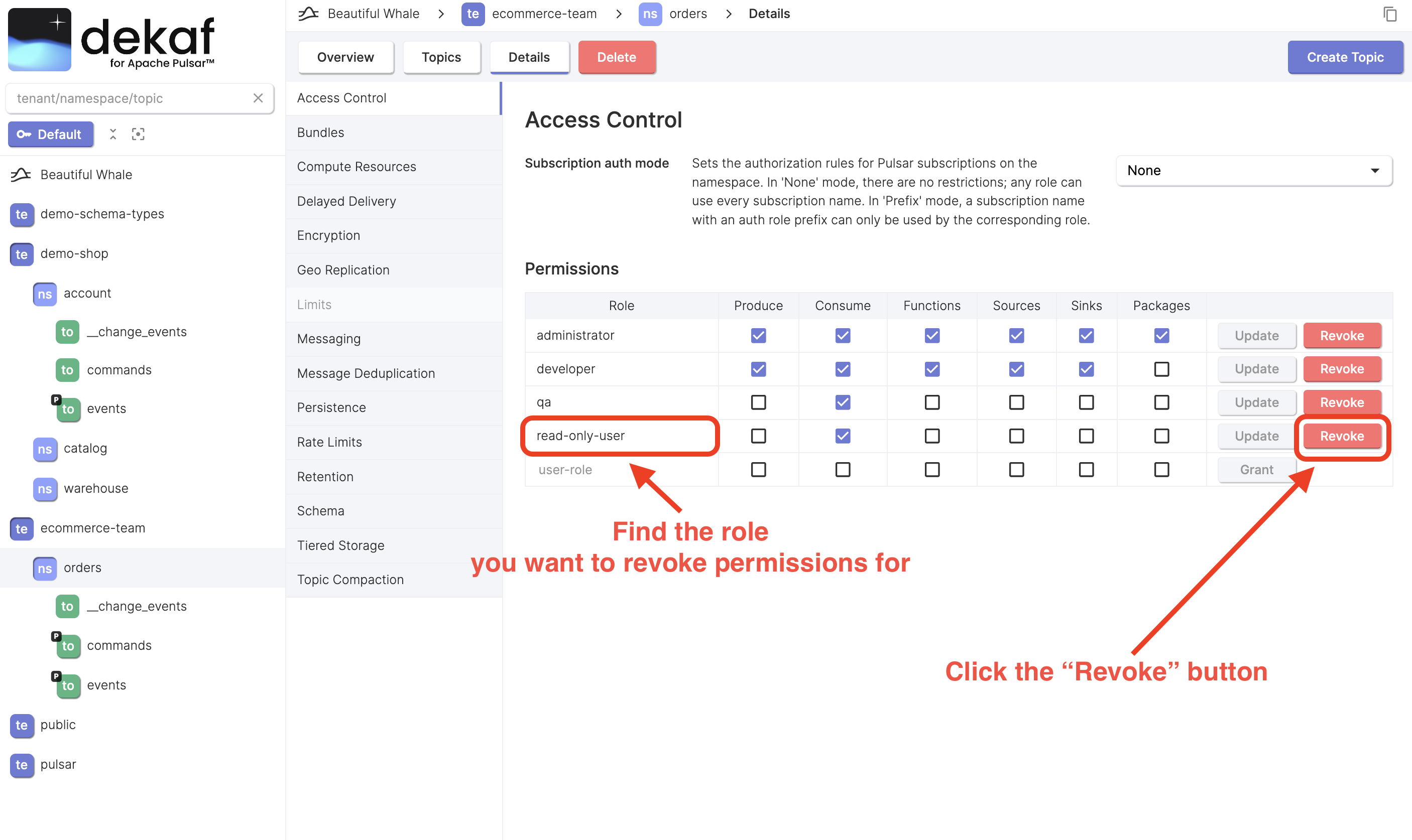 revoke pulsar namespace permissions