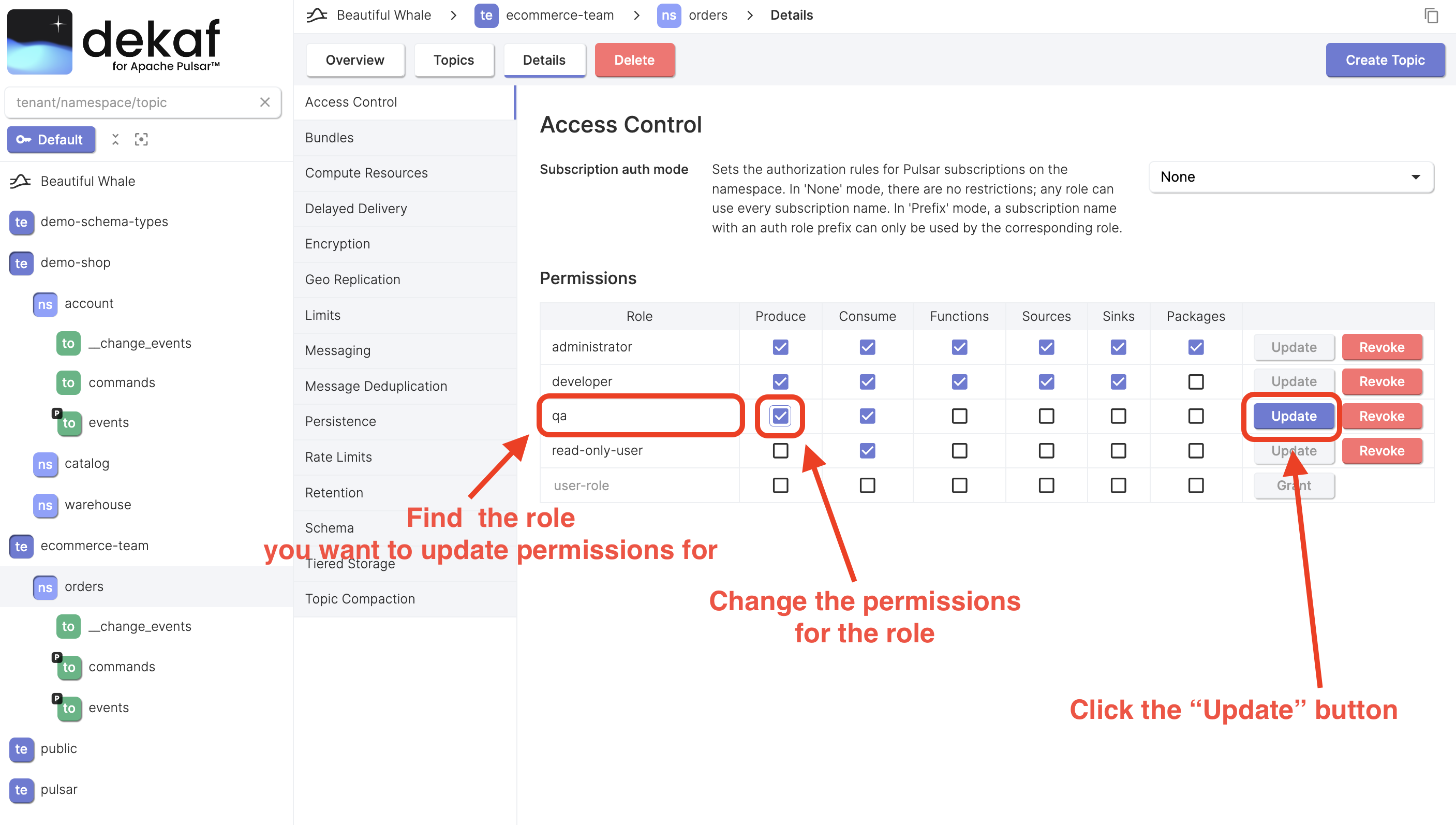 update pulsar namespace permissions